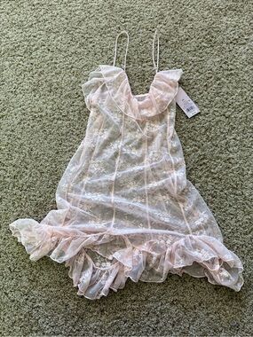 NWT Sheer Pink Lace Ruffle Slip Dress
